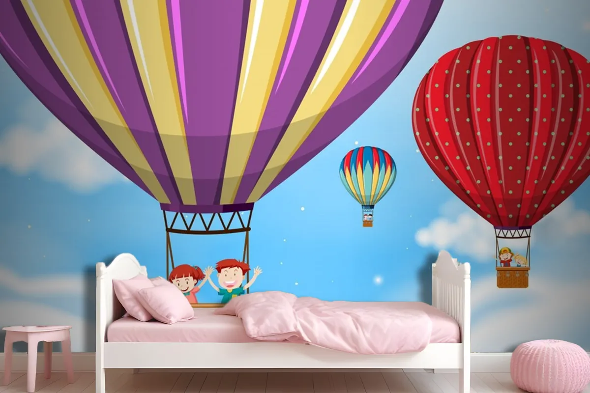 Children Riding Hot Air Balloon Wallpaper Mural