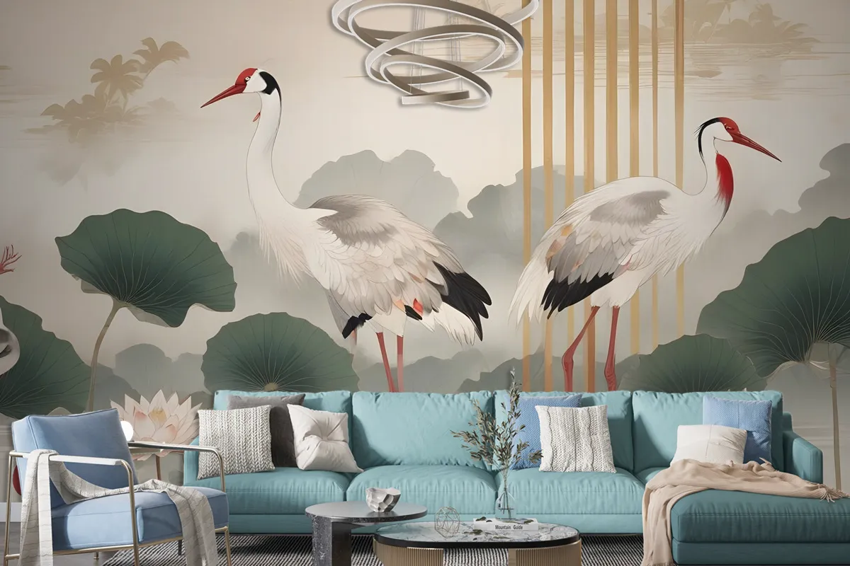 Chinese Crane Birds With Lotus Florals Wallpaper Mural