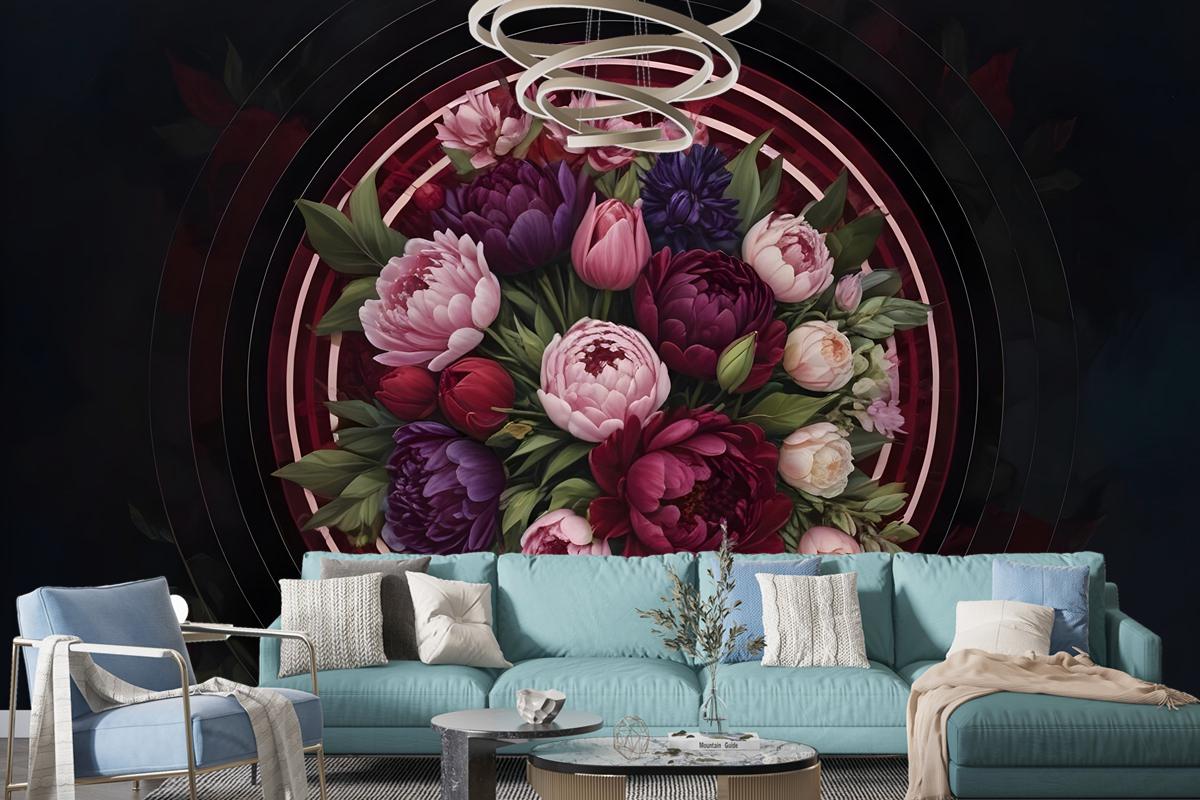 Circle Dark Floral Wallpaper Mural