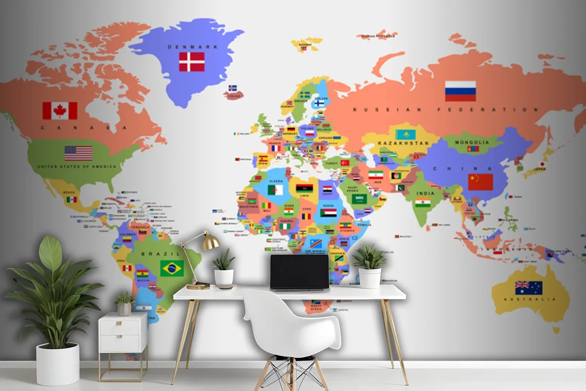 Color World Map With The Names Of Countries And National Flags Wallpaper Mural