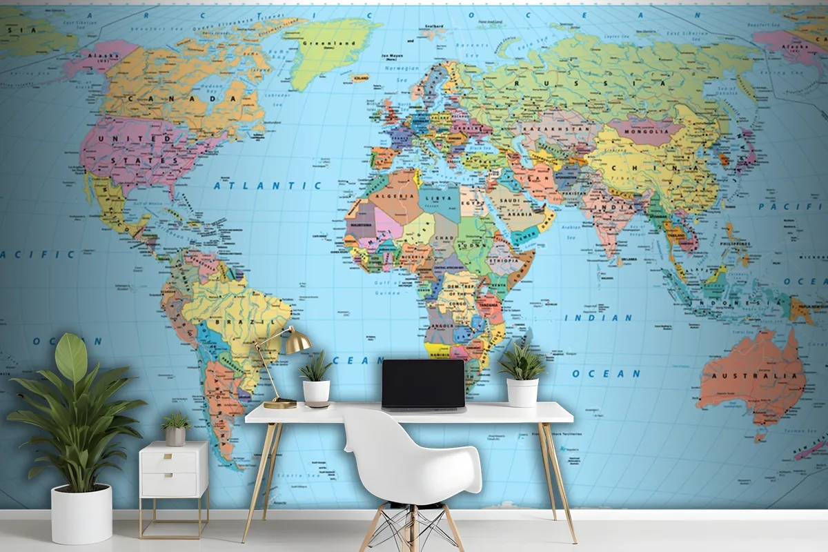 Colored World Map Borders Countries Roads And Cities Wallpaper Mural