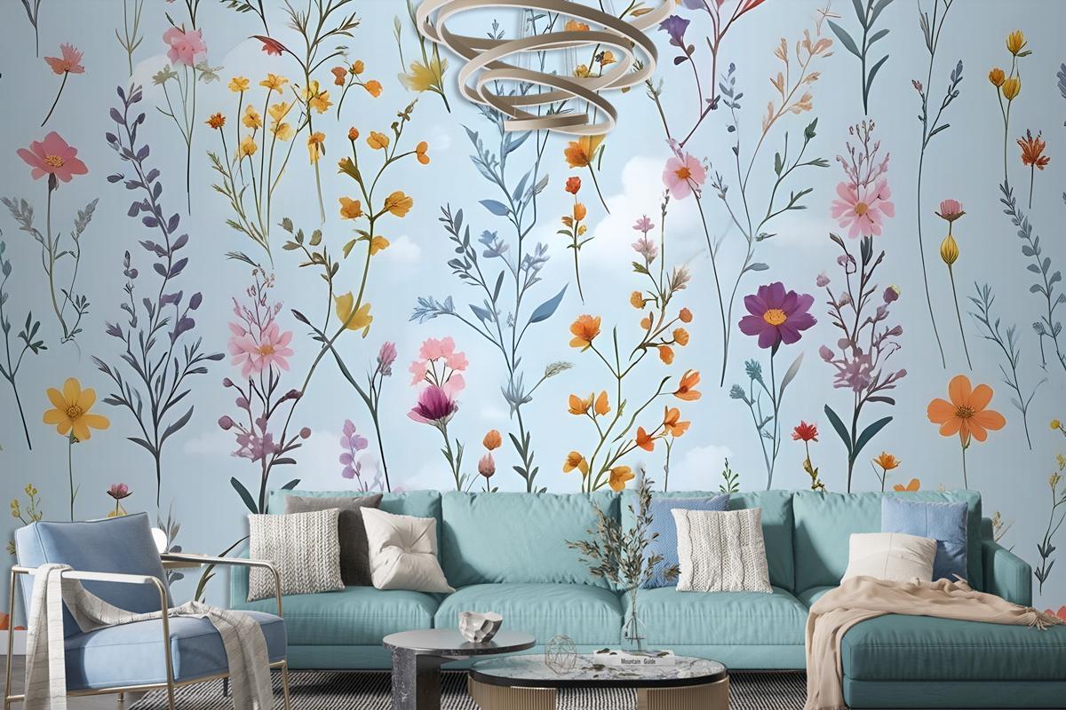 Colorful Blossoms Blue Wallpaper Mural