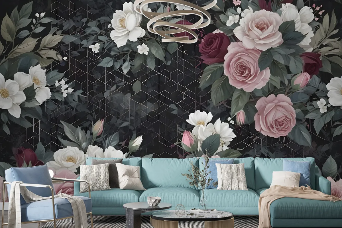 Colorful Floral With Dark Geometric Pattern Wallpaper Mural