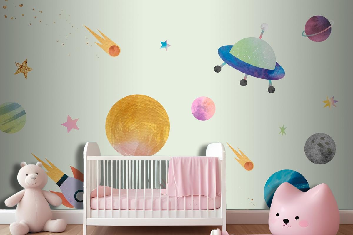 Colorful Galaxy Pattern Background In Cute Watercolor Style Wallpaper Mural