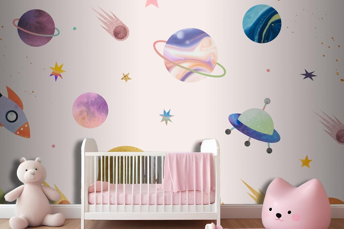 Colorful Galaxy Watercolor Doodle On Pastel Background Wallpaper Mural