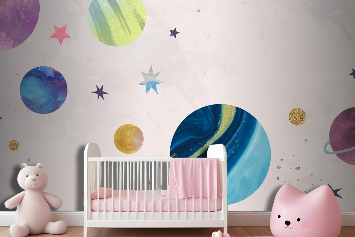 Colorful Galaxy Watercolor Doodle On Pastel Wallpaper Mural