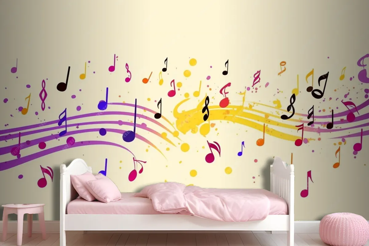 Colorful Musical Notes Yellow Background Wallpaper Mural