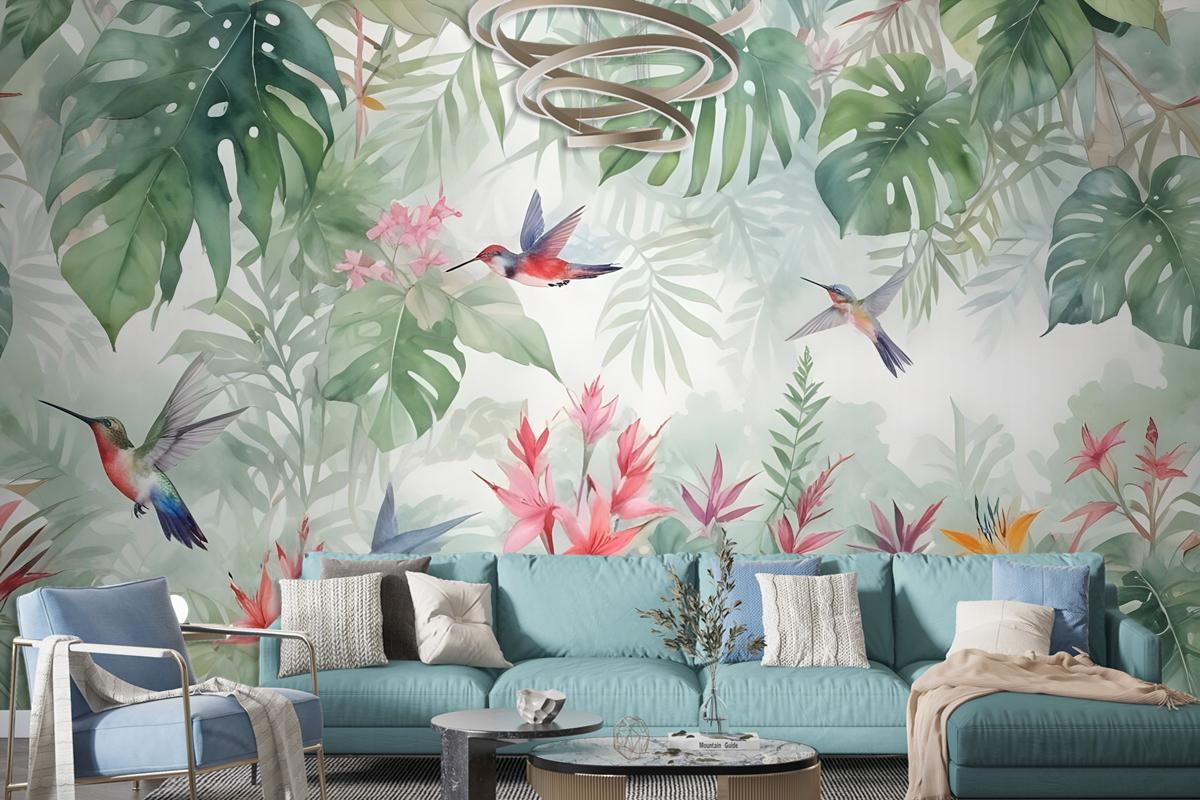 Colorful Tropical Exotic Cactus Floral With Little Birds Wallpaper Mural