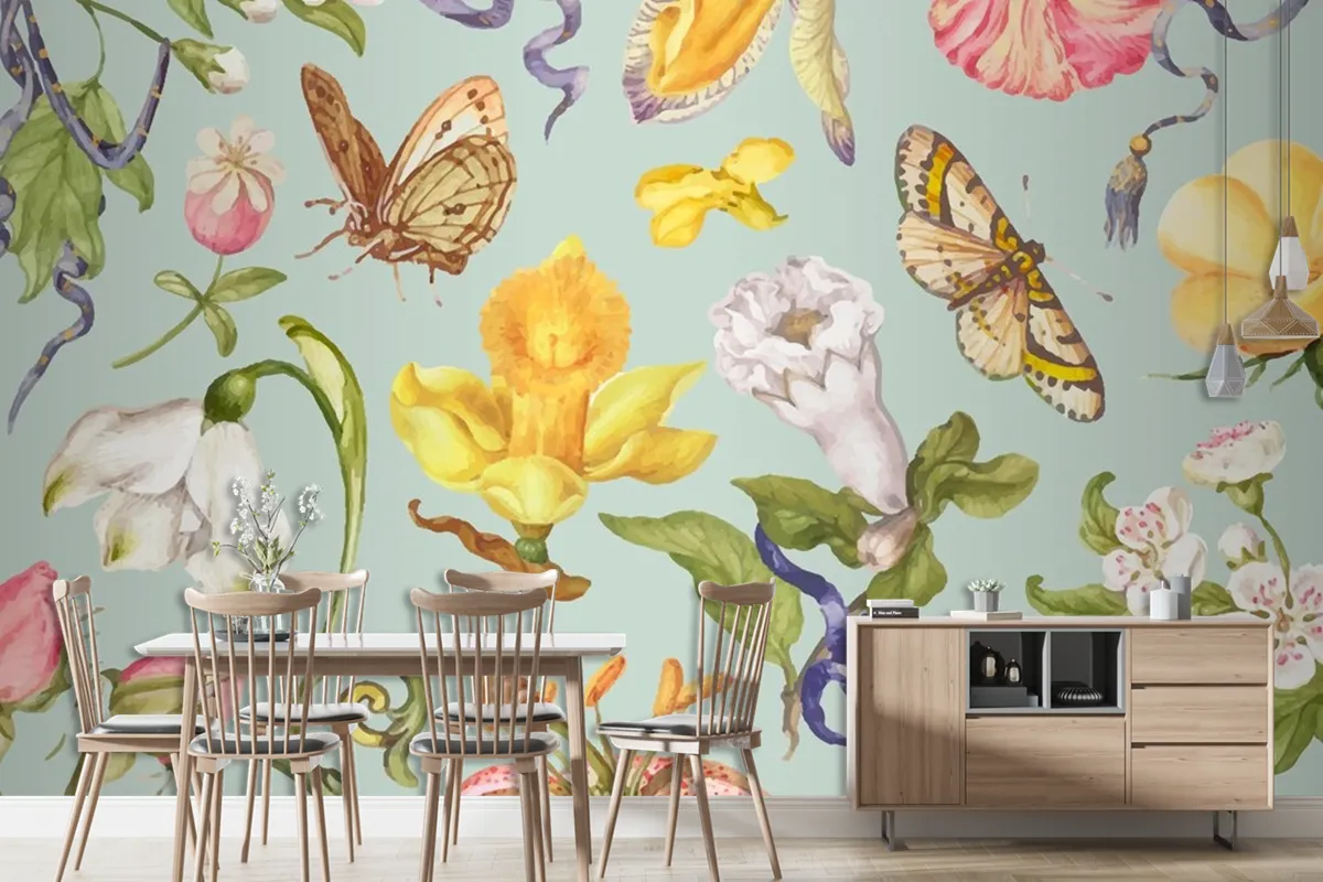 Colorful Vintage Floral Pattern On Green Background Wallpaper Mural