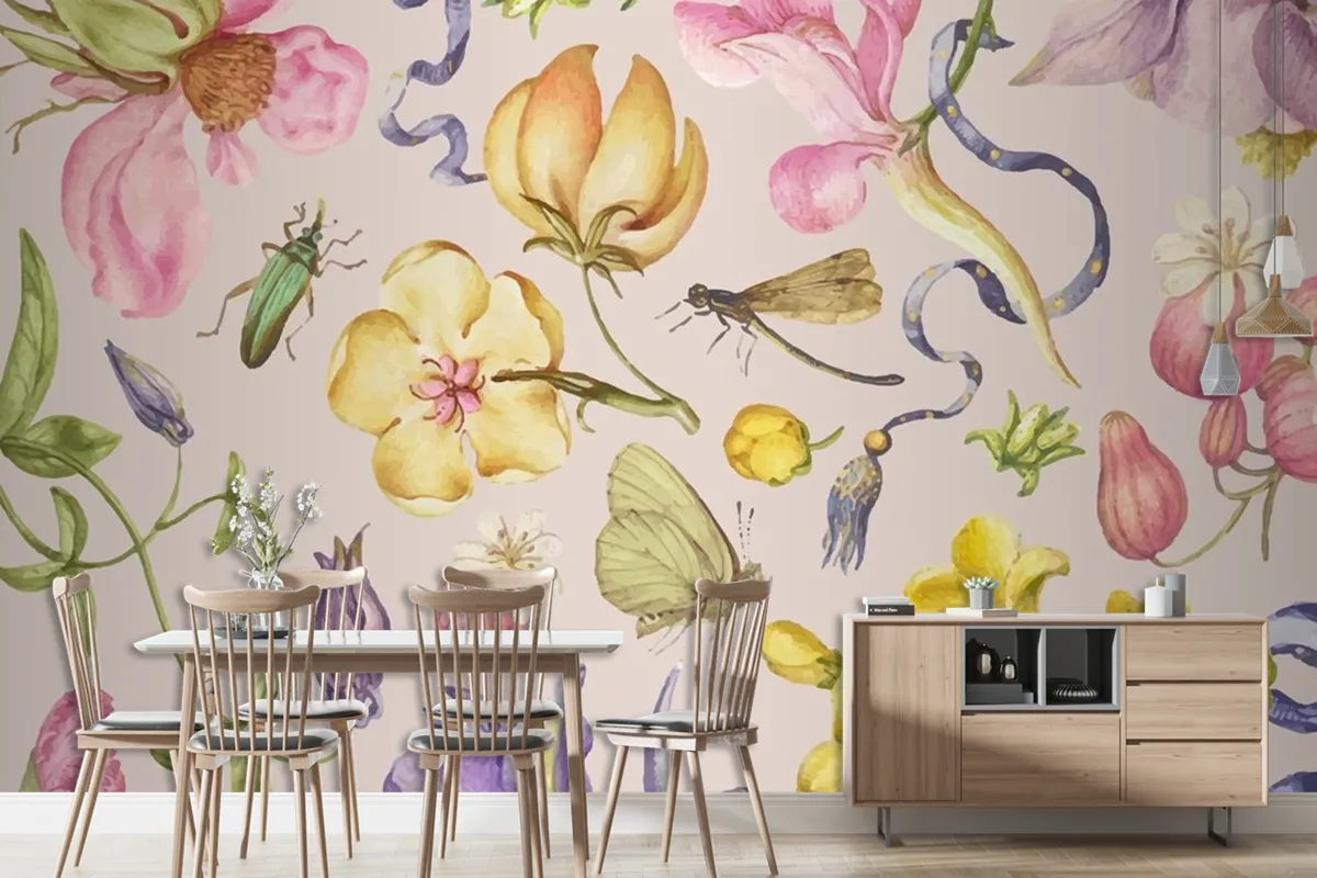 Colorful Vintage Floral Pattern Vector On Pink Wallpaper Mural