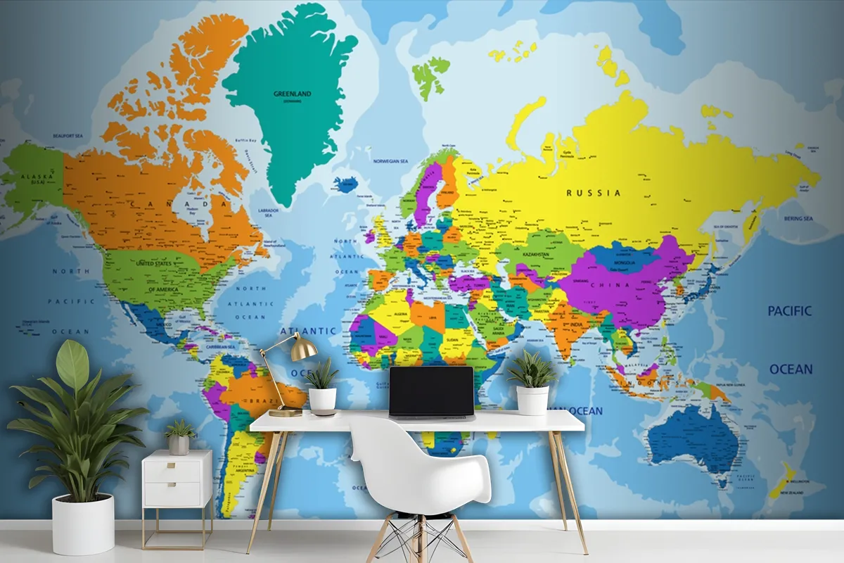 Colorful World Political Map With Clearly Labeled Wallpaper Mural