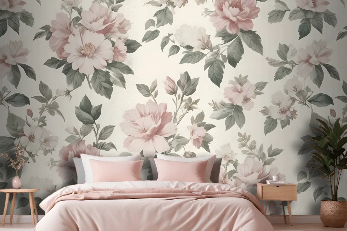 Cream & Pink Rose Vintage Floral Wallpaper Mural