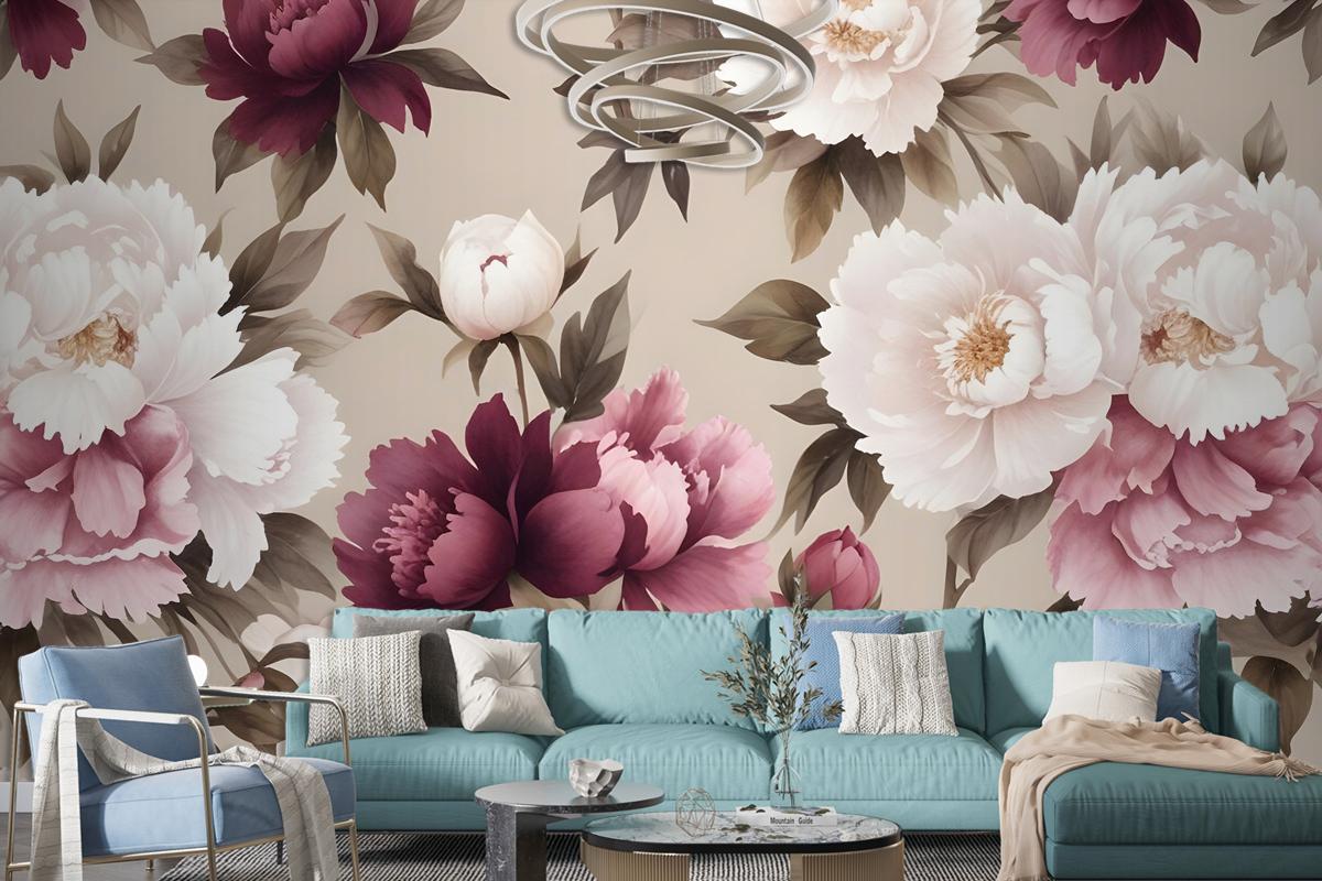 Cream Pink Peony Floral Pattern Wallpaper Mural