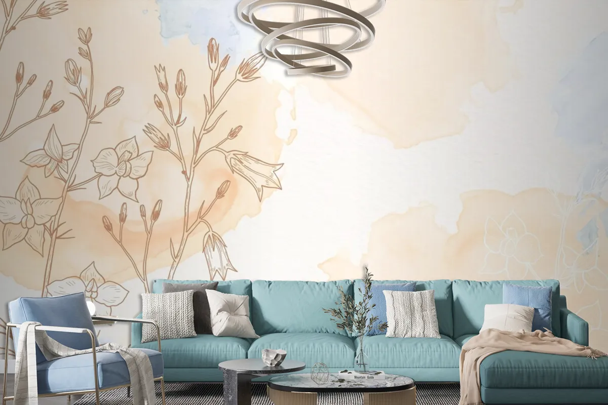 Cream Powder Pastel With Hand Drawn Flowers Background Wallpaper Mural