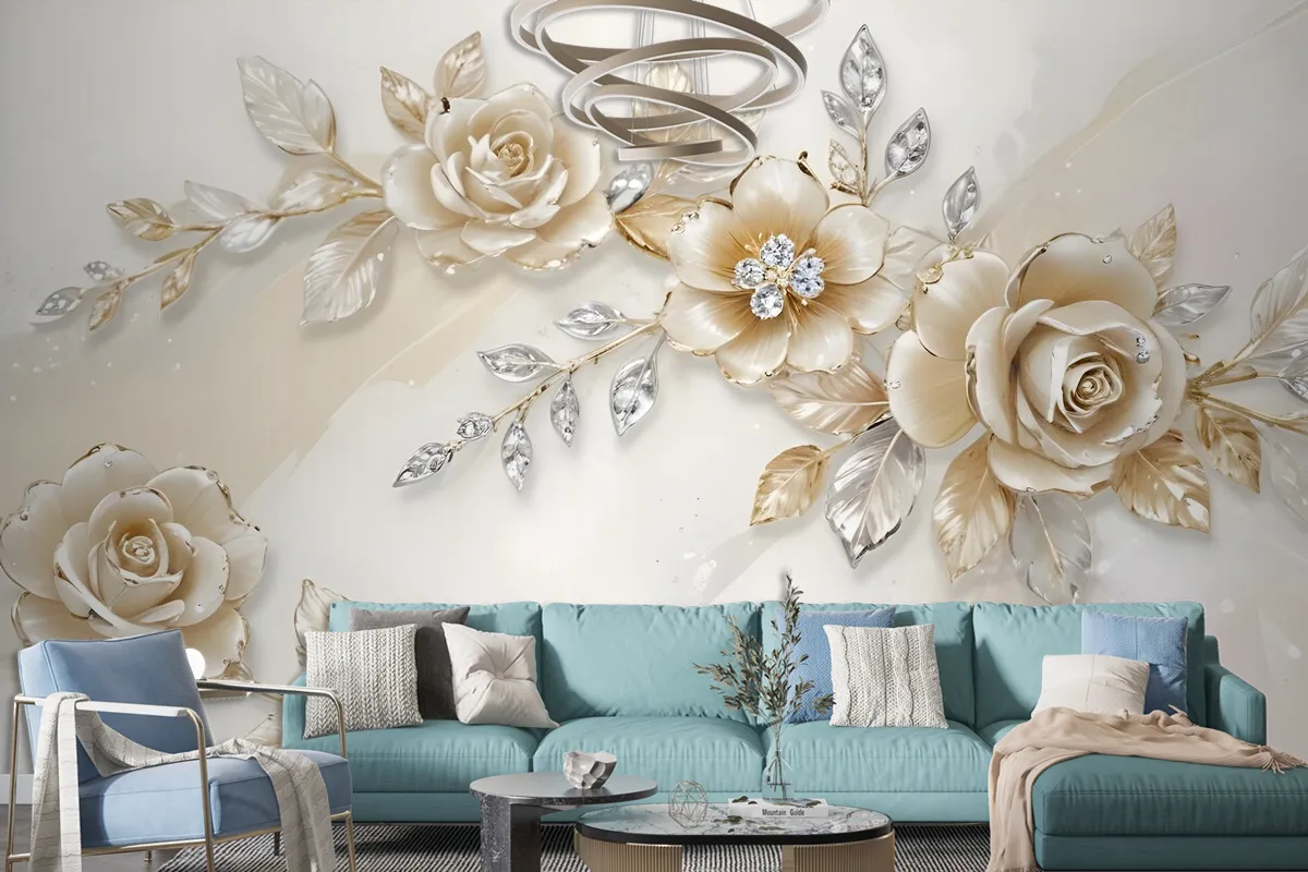 Cream Swarovski Rose Floral Wallpaper Mural