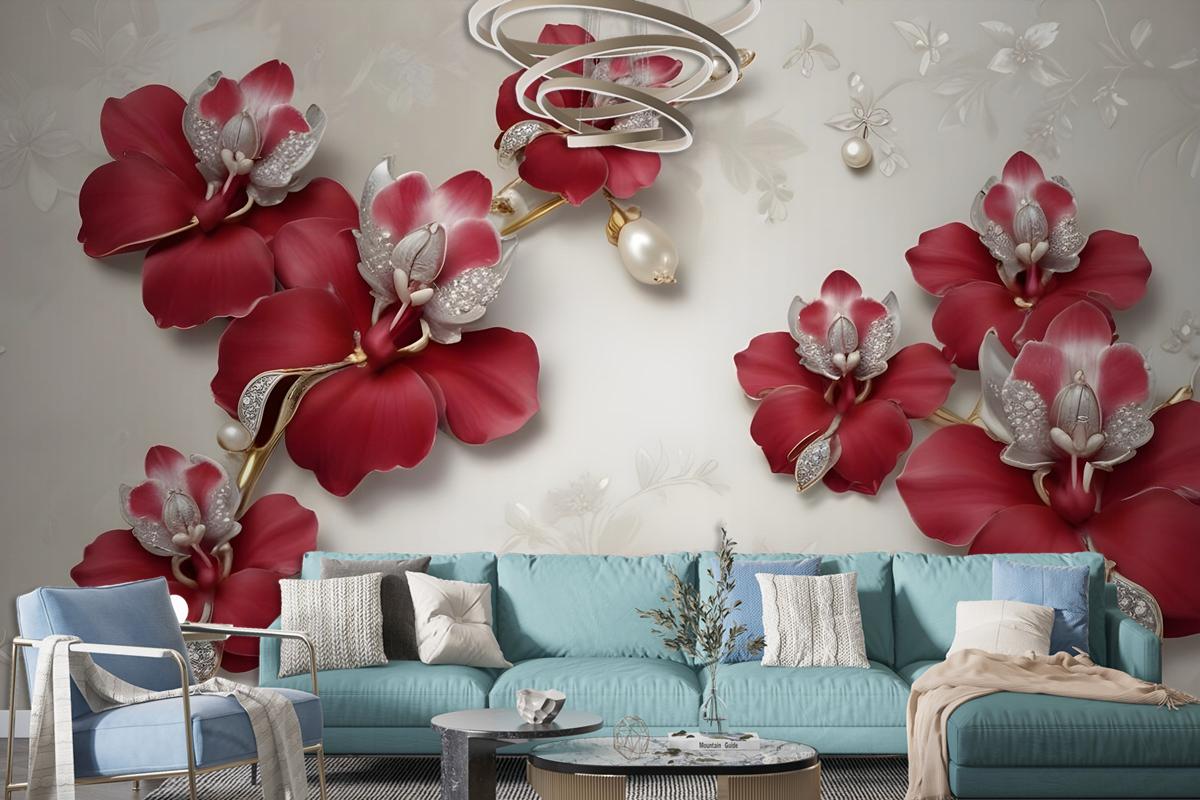 Crystal Red Floral Art Wallpaper Mural