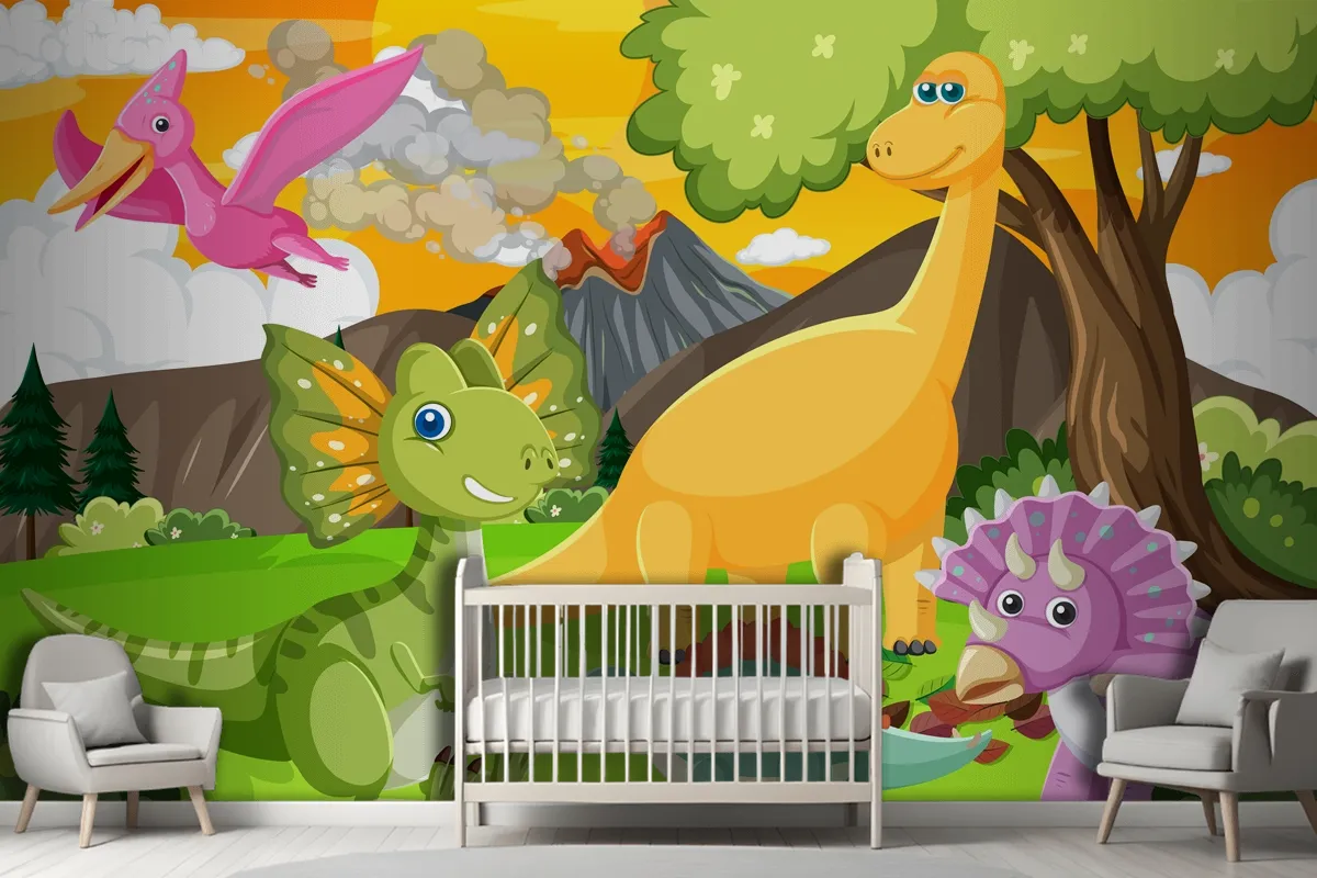 Cute Dinosaur Group In Forest Wallpaper Mural