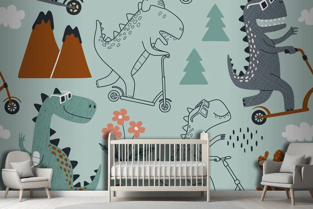 Cute Dinosaur Rides A Scooter Wallpaper Mural