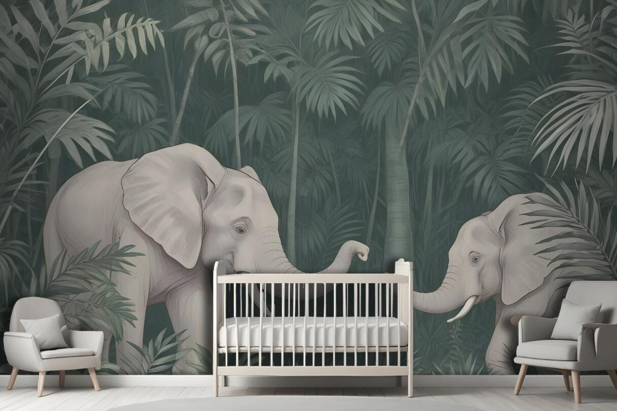 Cute Elephants On The Tropical Jungle Kids Wallpaper Mural