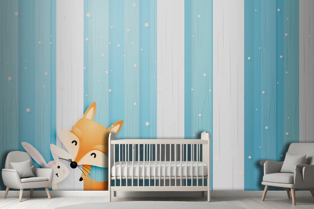 Cute Fox And Rabbit In The Wood With Paper Art Style Pastel Scheme Wallpaper Mural