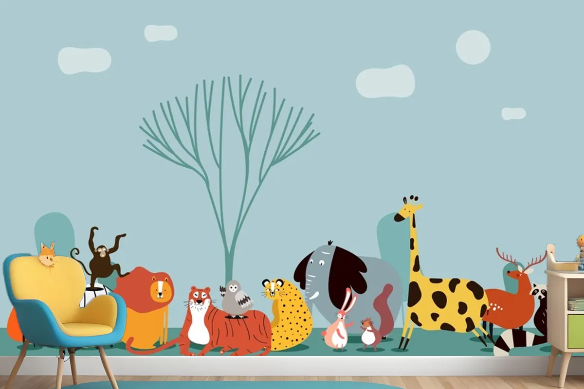 Cute Group Of Wild Animals Wallpaper Mural