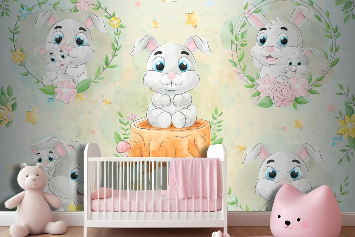 Cute Little Rabbit With Watercolor Wallpaper Mural