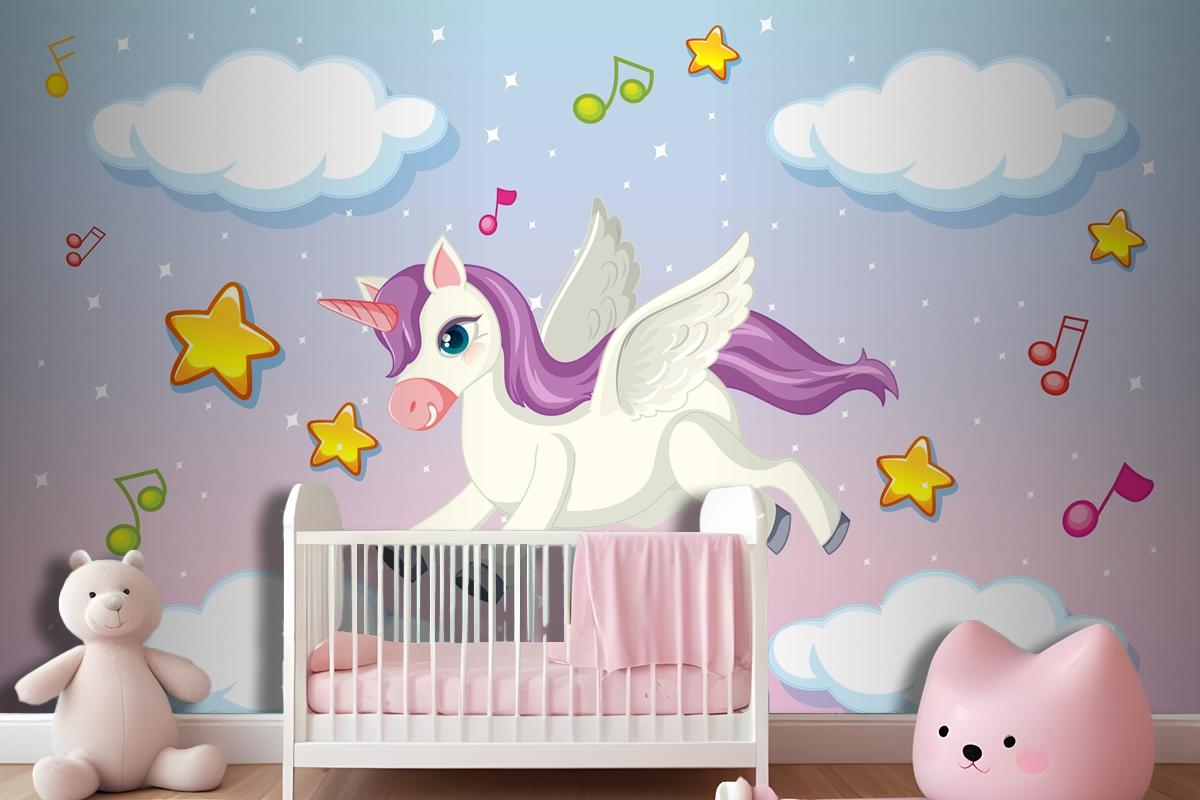 Cute Pegasus With Purple Mane Flying In The Pastel Sky Wallpaper Mural