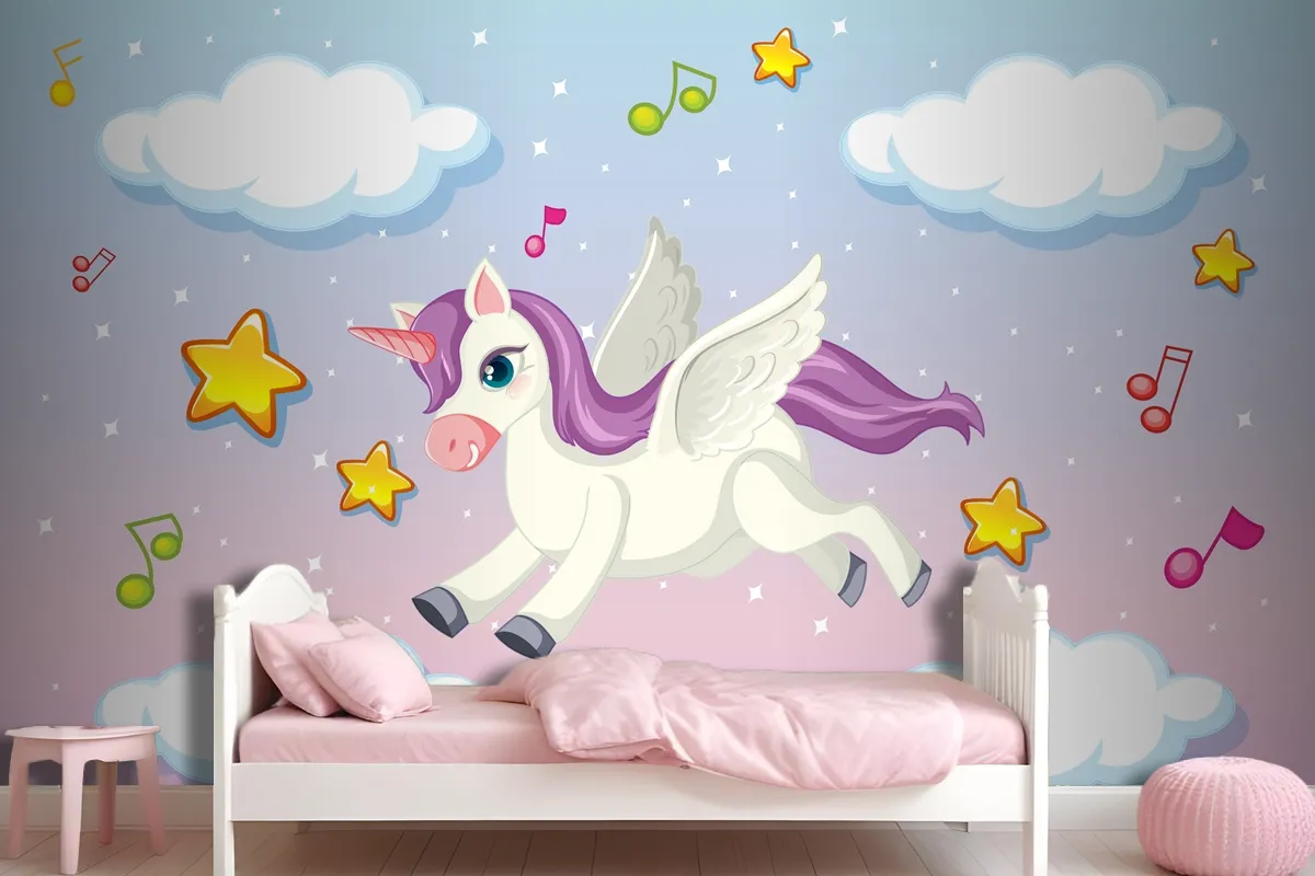 Cute Pegasus With Purple Mane Flying In The Pastel Sky Wallpaper Mural