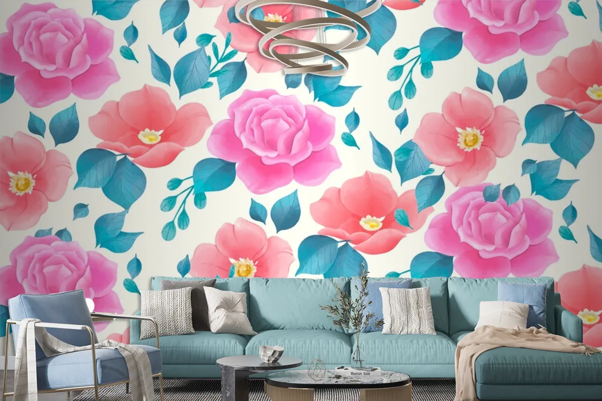 Cute Watercolor Floral Pattern With Rose Flowers Wallpaper Mural