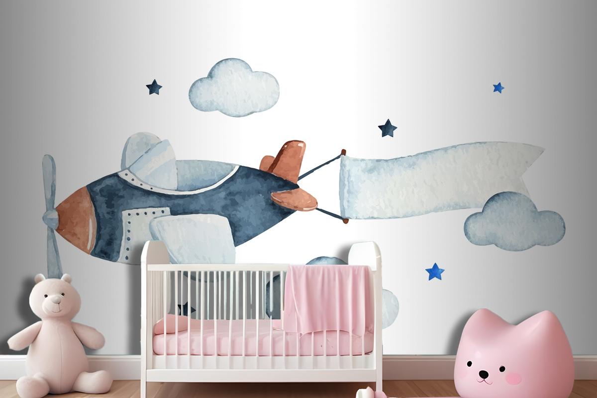 Cute Watercolor Sky Scene With Air Plane Clouds And Stars Wallpaper Mural