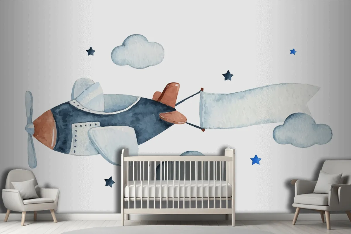 Cute Watercolor Sky Scene With Air Plane Clouds And Stars Wallpaper Mural