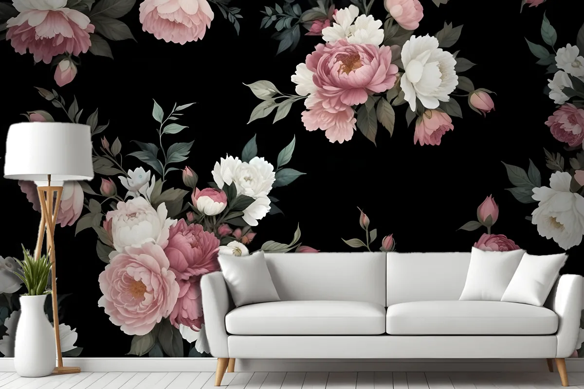 Dark Background Large Pink White Roses Peonies Other Flowers Wallpaper Mural