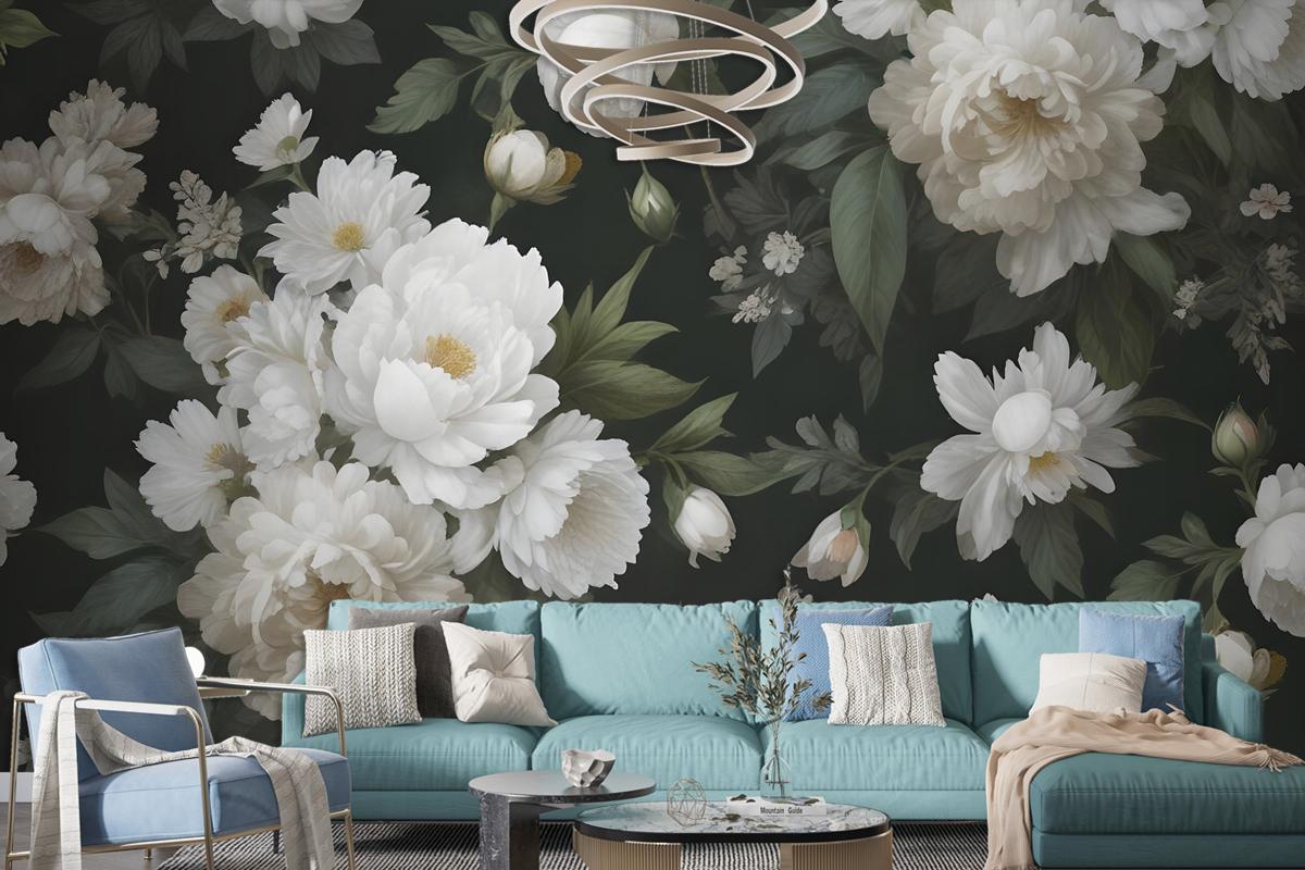 Dark Floral And White Peony Blossoms Wallpaper Mural