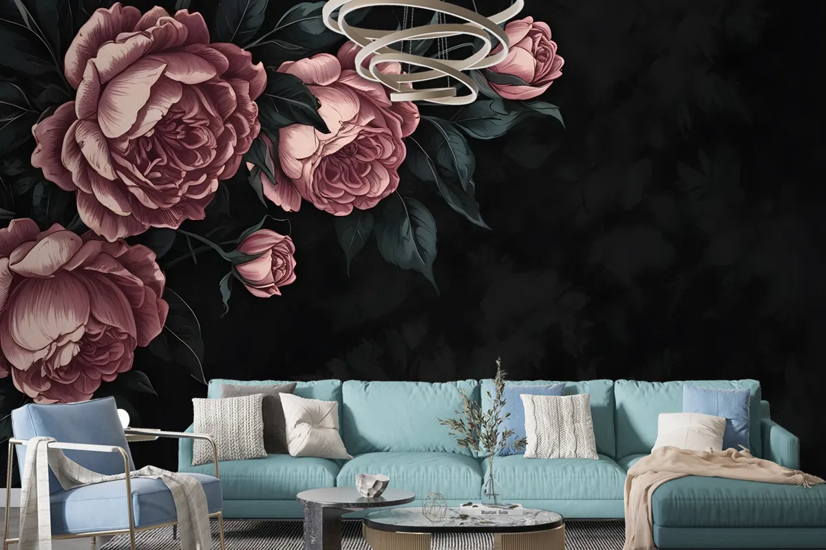 Dark Floral Peony Flower Drawing Wallpaper Mural