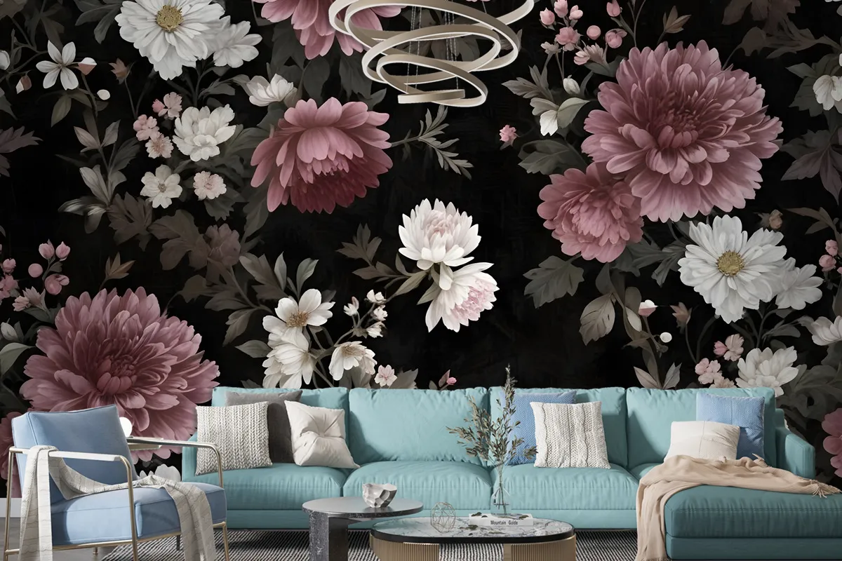 Dark Floral With Pink Chrysanthemum Wallpaper Mural