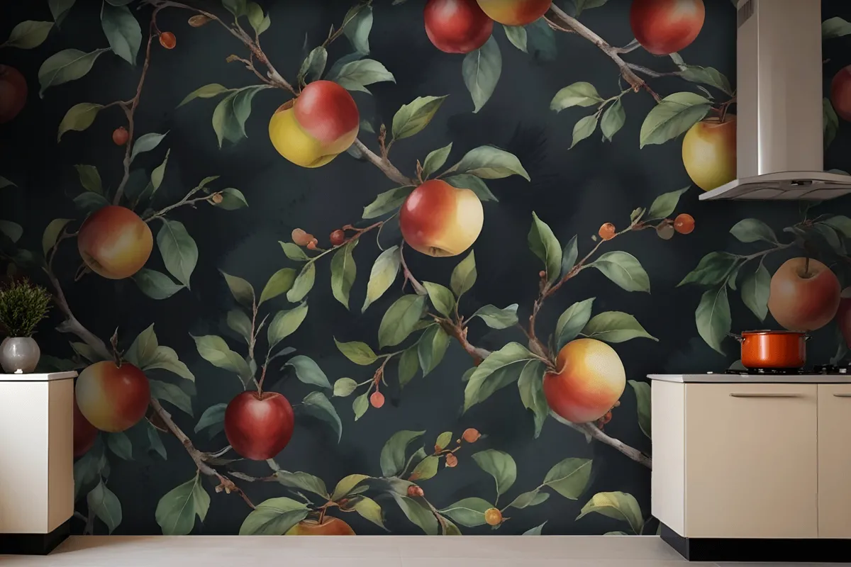 Dark Green And Navy Vintage Botanical Fruit Repeat Pattern Wallpaper