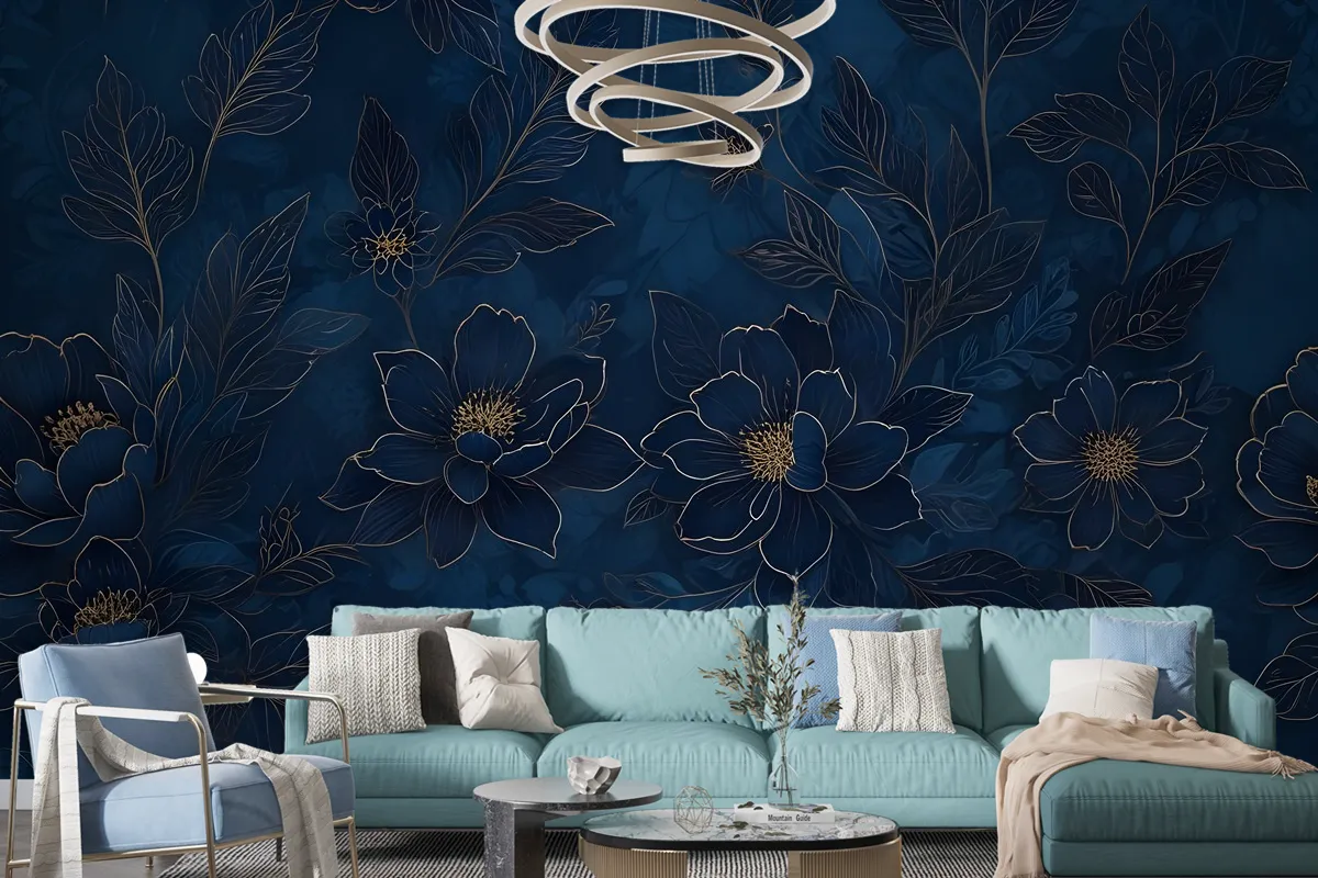 Dark Navy Peony Floral Drawing Art Wallpaper Mural