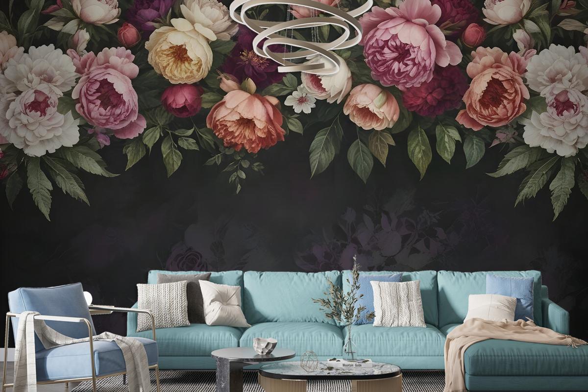 Dark Vine Floral And Peony Blossom Wallpaper Mural