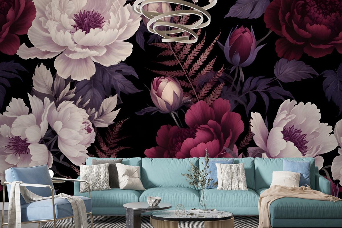 Dark Watercolor Colorful Peony Floral Wallpaper Mural