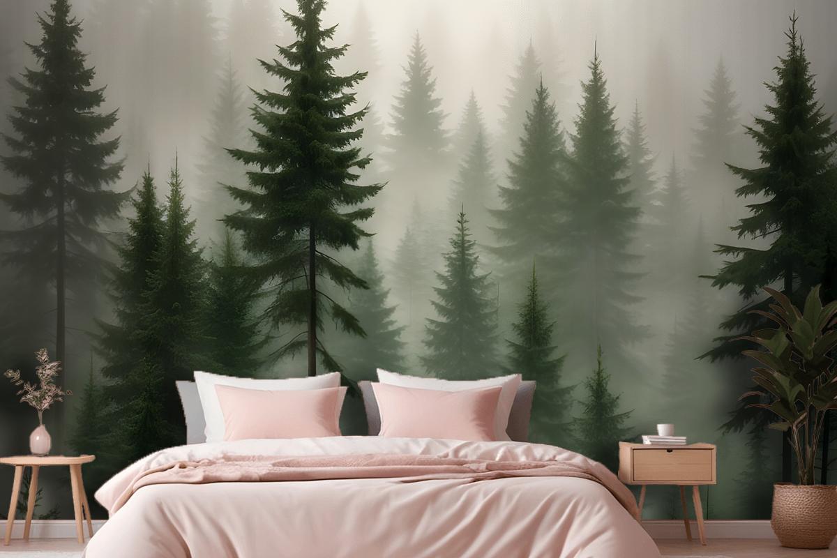 Dense Forest Of Tall Evergreen Trees In A Misty Foggy Environment Wallpaper Mural