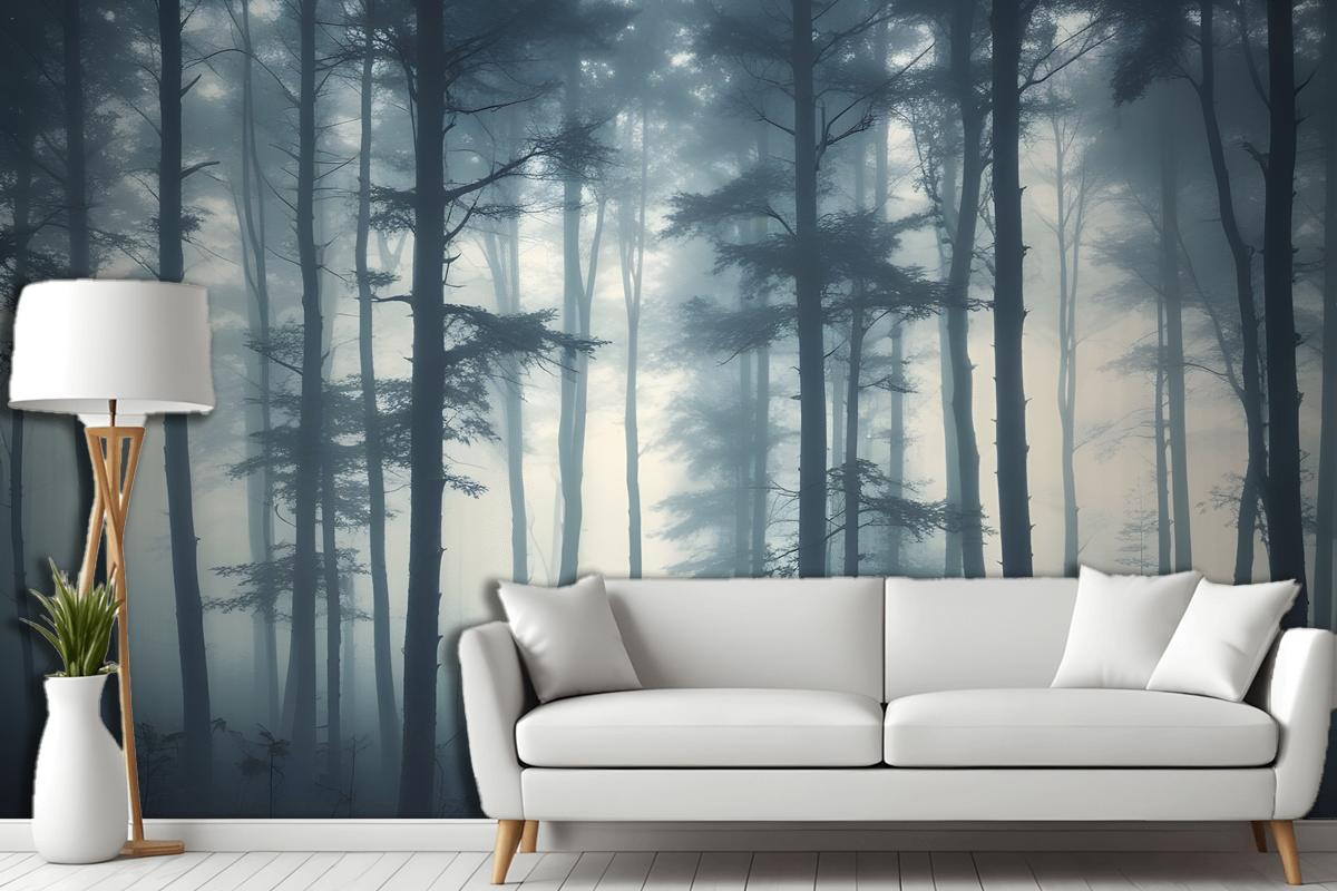 Dense Misty Forest With Tall Slender Trees And A Foggy Atmosphere Wallpaper Mural