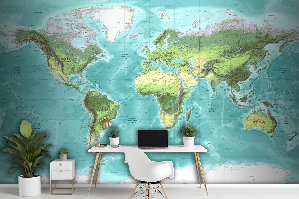 Detailed Physical World Map Miller Projection Wallpaper Mural