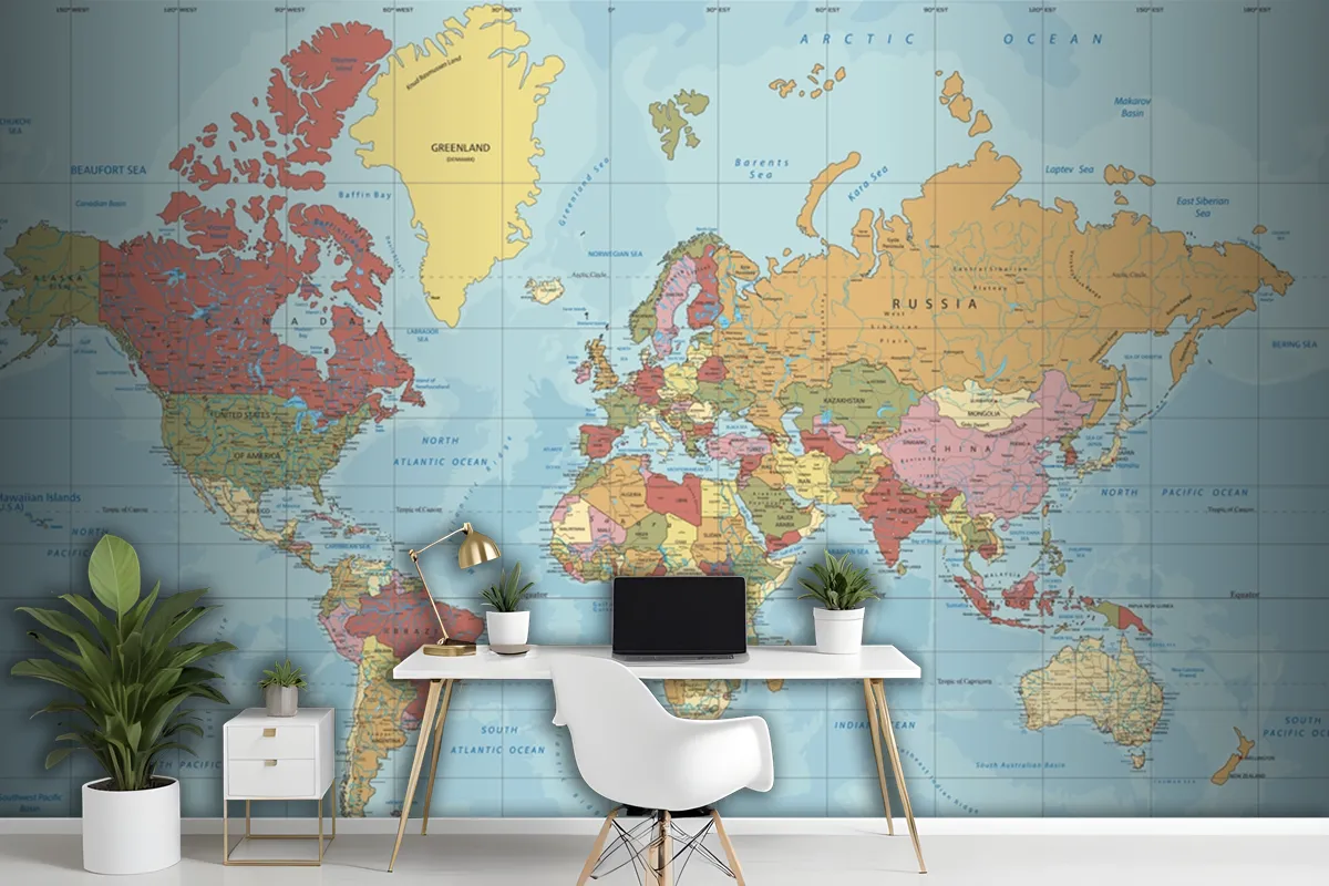 Detailed Political World Map In Mercator Projection Wallpaper Mural