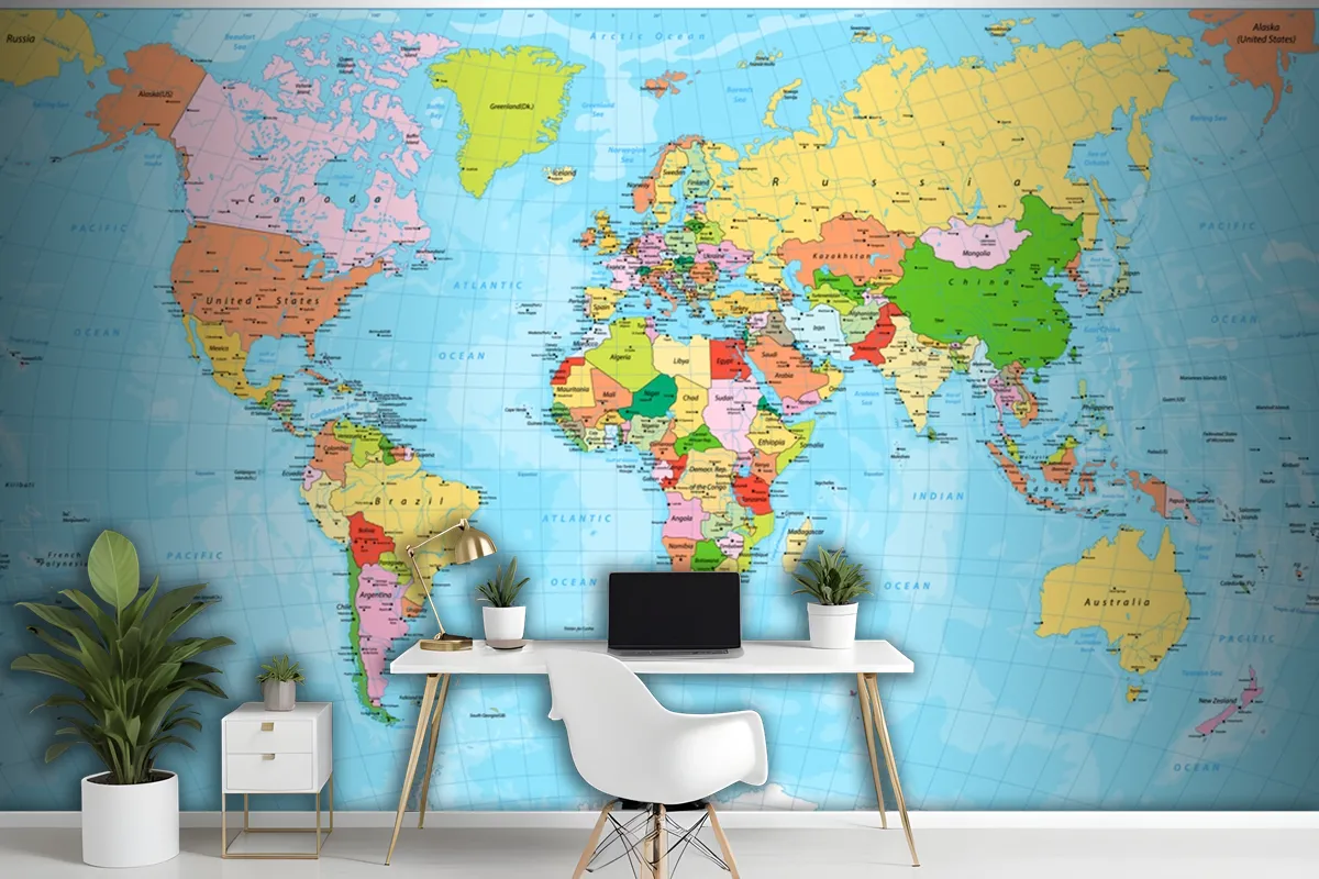 Detailed Political World Map With Capitals Wallpaper Mural