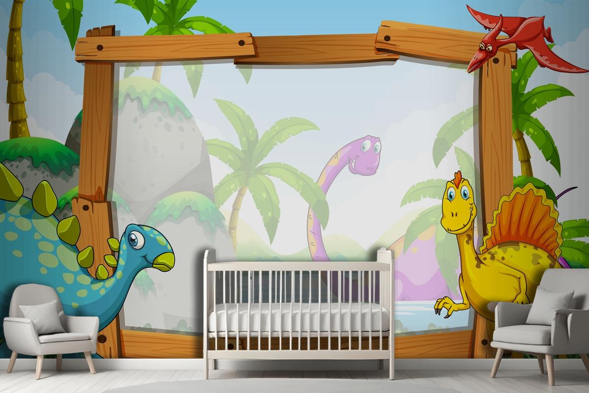 Dinosaurs By The Wooden Frame Wallpaper Mural