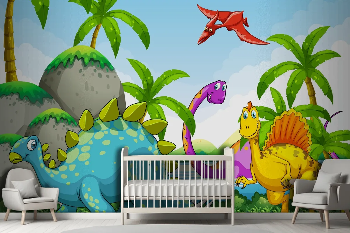 Dinosaurs Living In The Jungle Wallpaper Mural