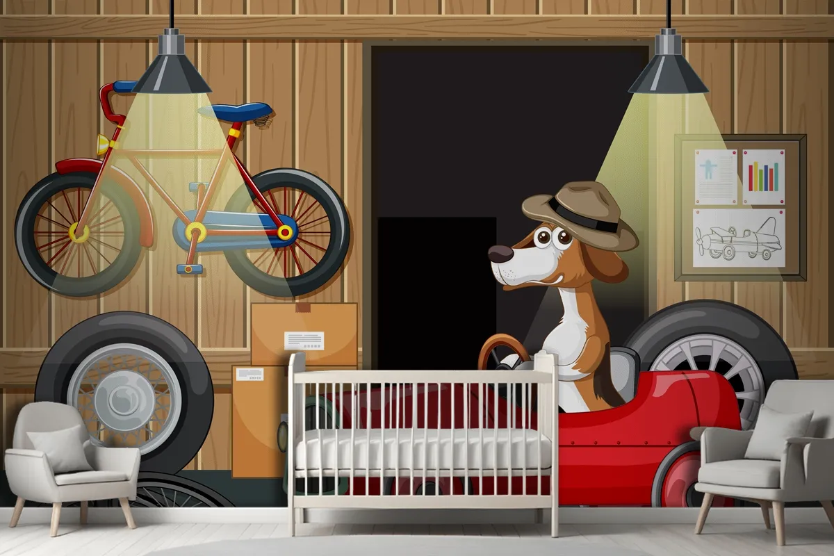 Dog Driving Car In Garage Wallpaper Mural