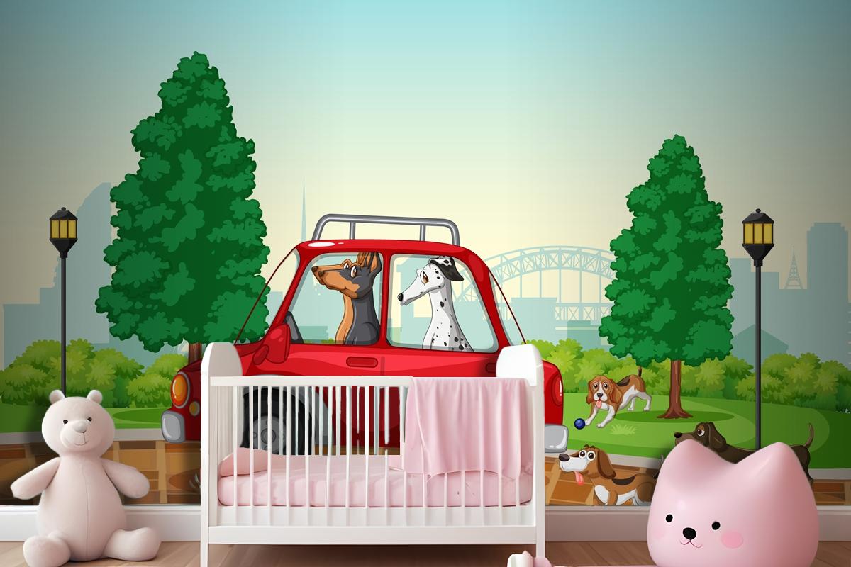 Dogs Driving And Running In The Park Wallpaper Mural