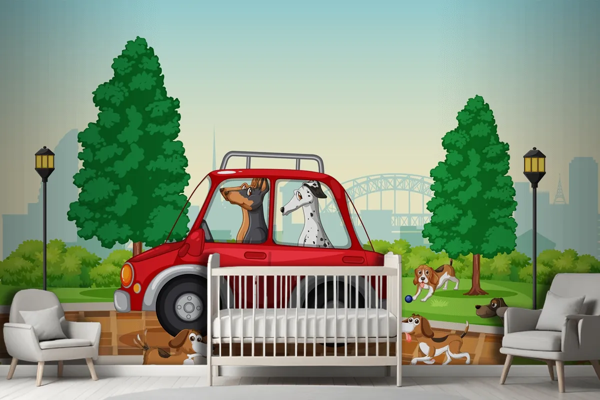 Dogs Driving And Running In The Park Wallpaper Mural