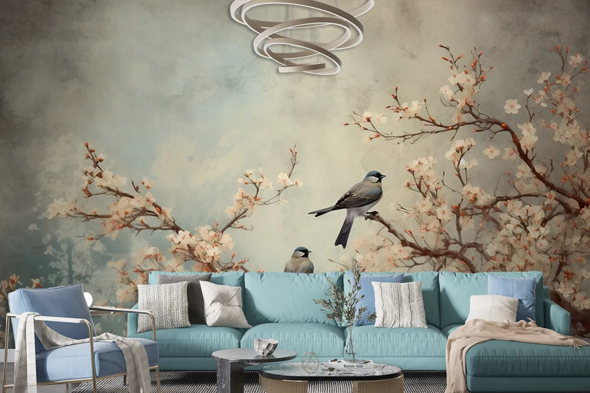 Flowers Branches Birds Golden Brushstrokes Wallpaper Mural